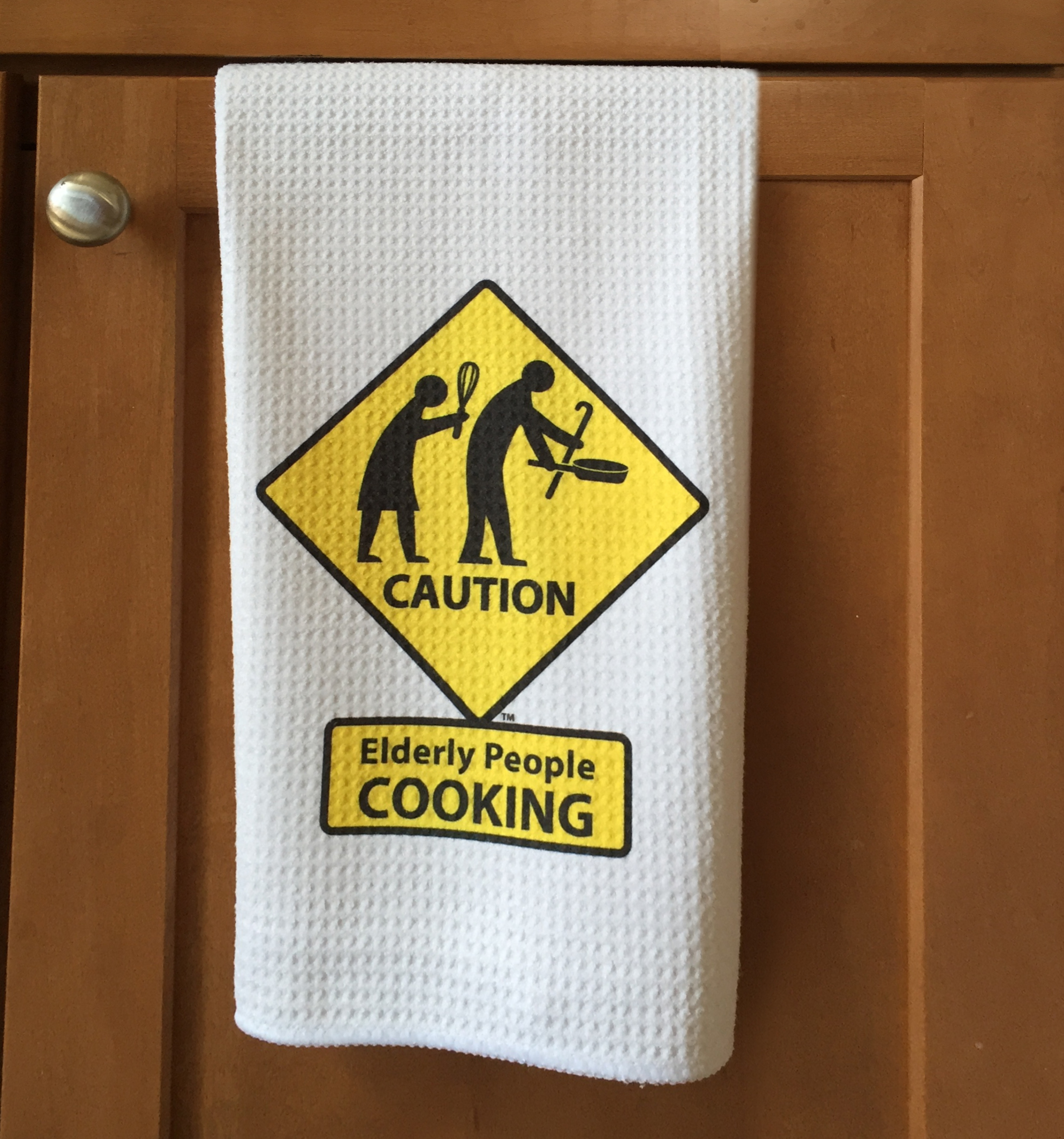Caution: Elderly People Cooking Waffle Towels made with sublimation printing