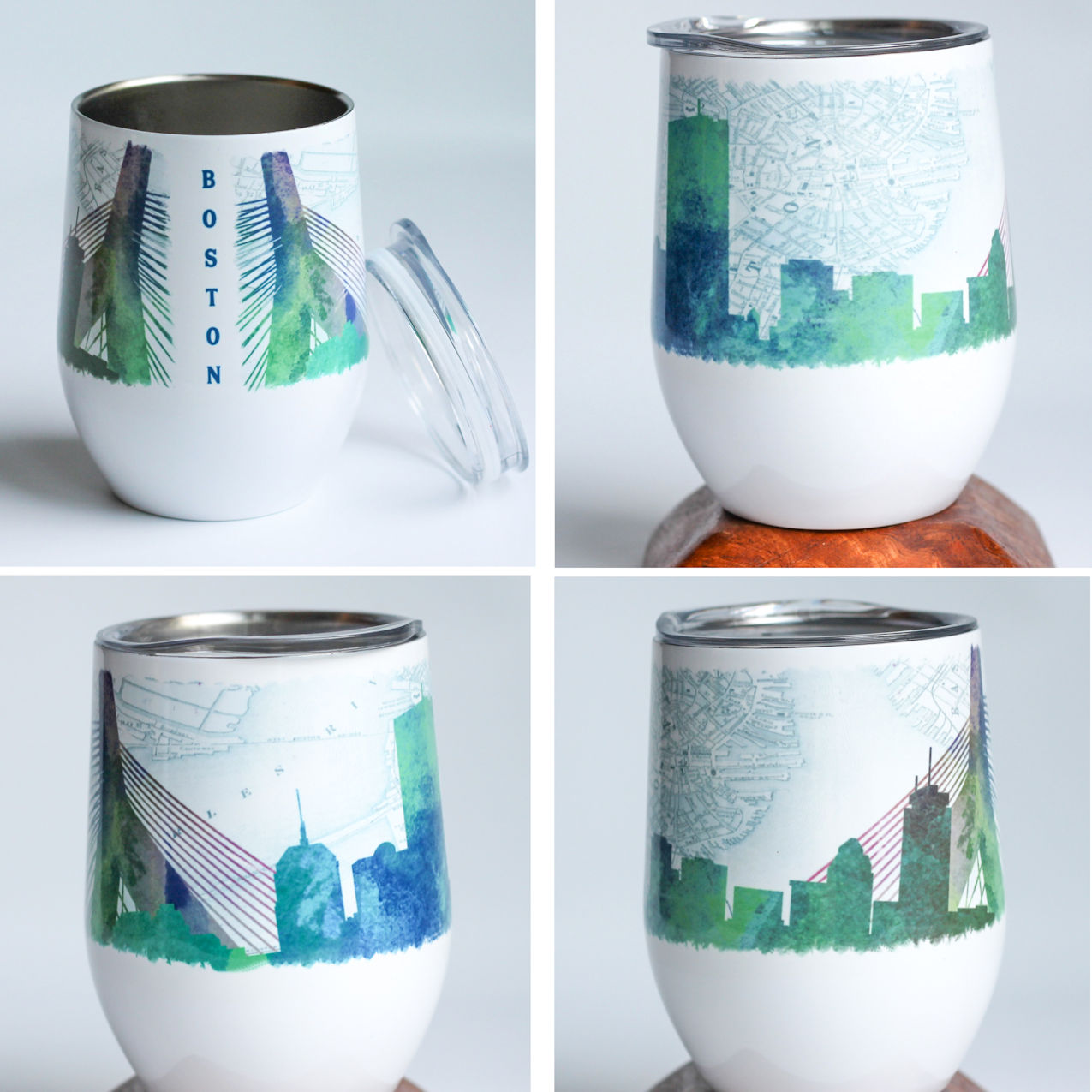 Hand Drawn Boston Skyline and Map Wine Tumbler made with sublimation printing