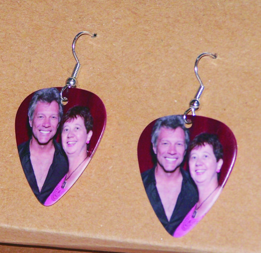 guitar pick earrings made with sublimation printing