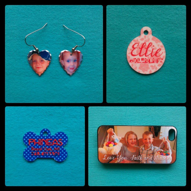 Custom Earrings, Pet Tags and iPhone Case made with sublimation printing