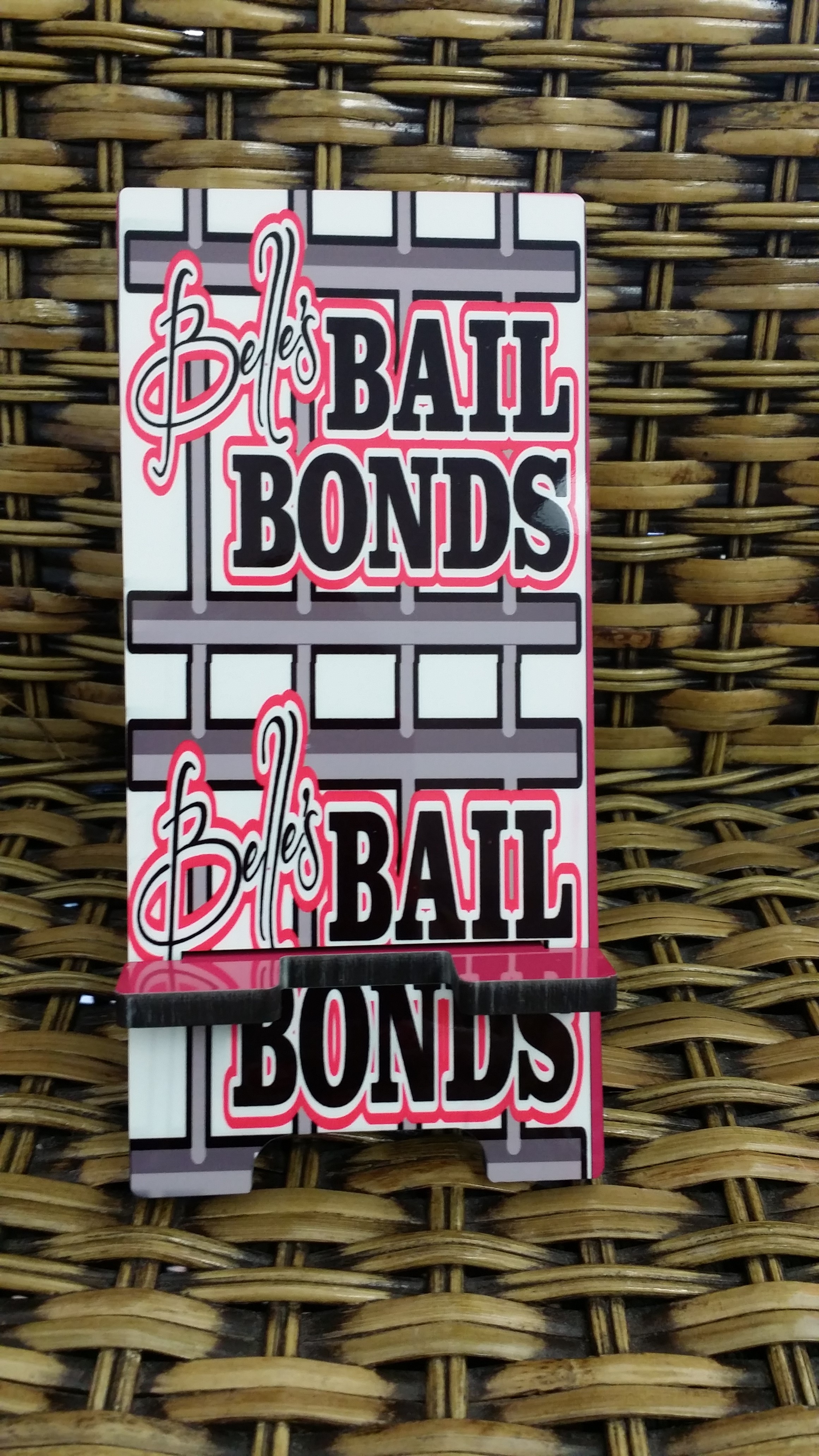 Bail's Bond Phone Stand made with sublimation printing