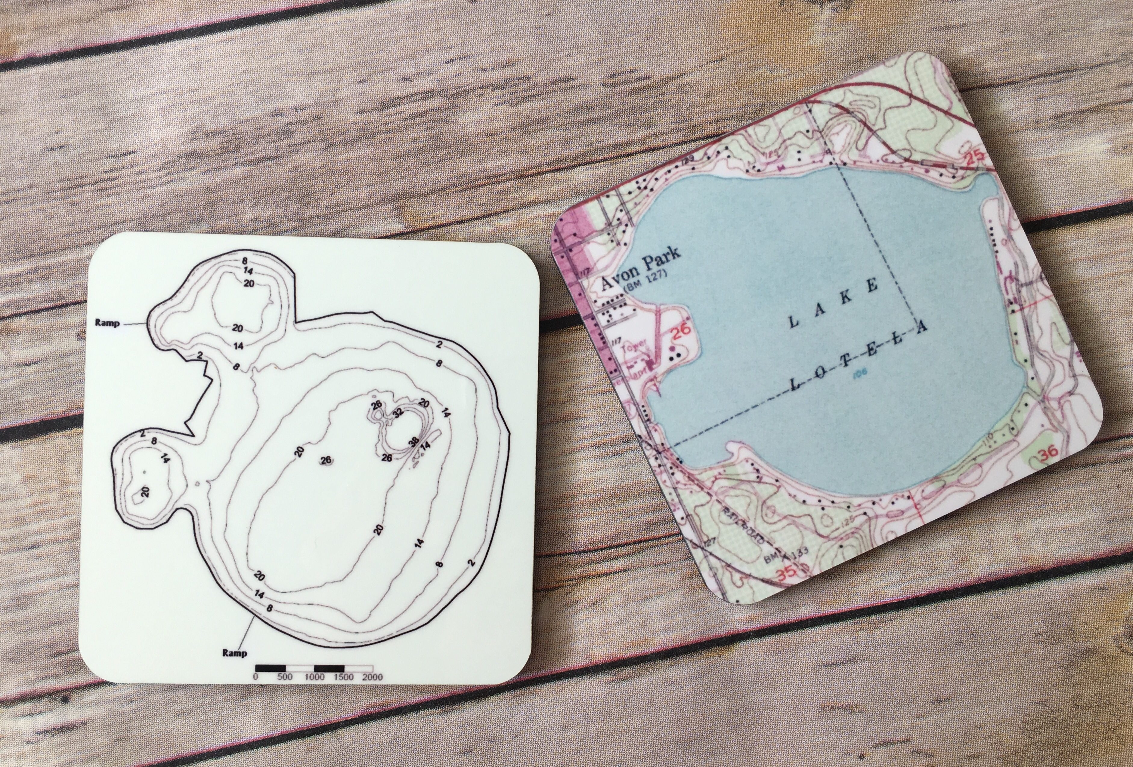 Lake Map Coasters made with sublimation printing
