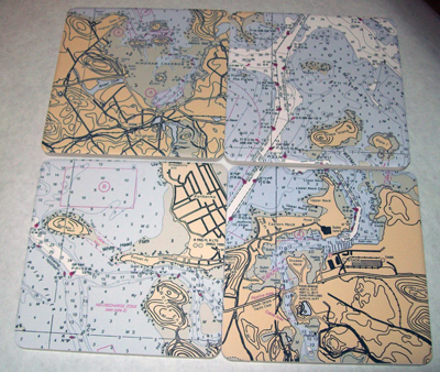 Nautical map coasters made with sublimation printing