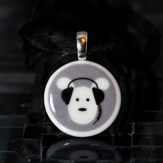Dog with Headphones Porcelain Pendant made with sublimation printing