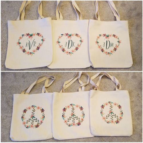 Peace Love tote bags made with sublimation printing