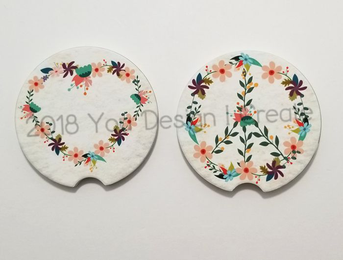 Love and Peace sandstone car coasters made with sublimation printing