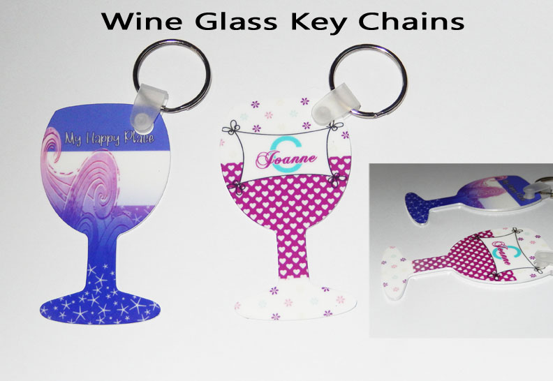 Wine glass shaped key tags made with sublimation printing