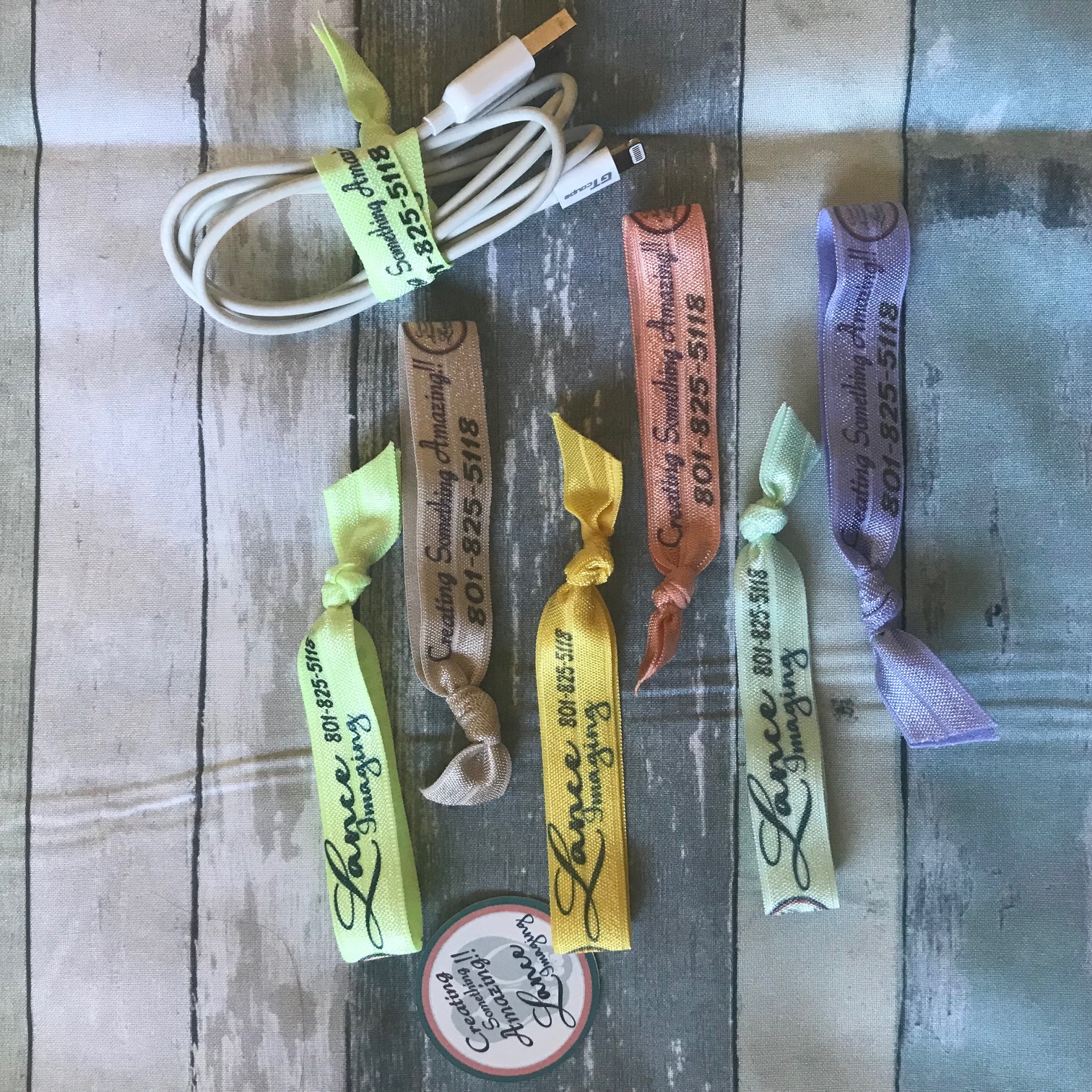 I made promotional hair ties and cord wraps to give away during events