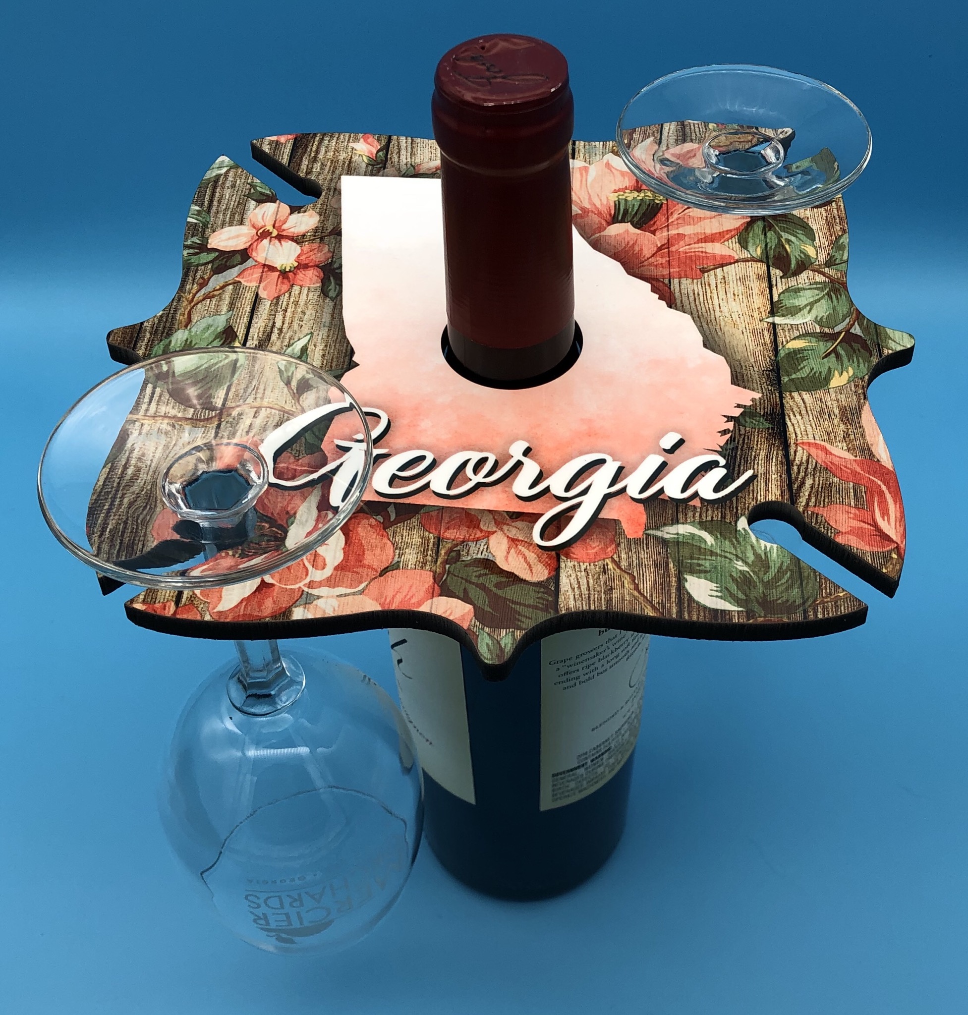 Georgia themed wine glass caddy created for a local wine bar. The customer was very happy. 