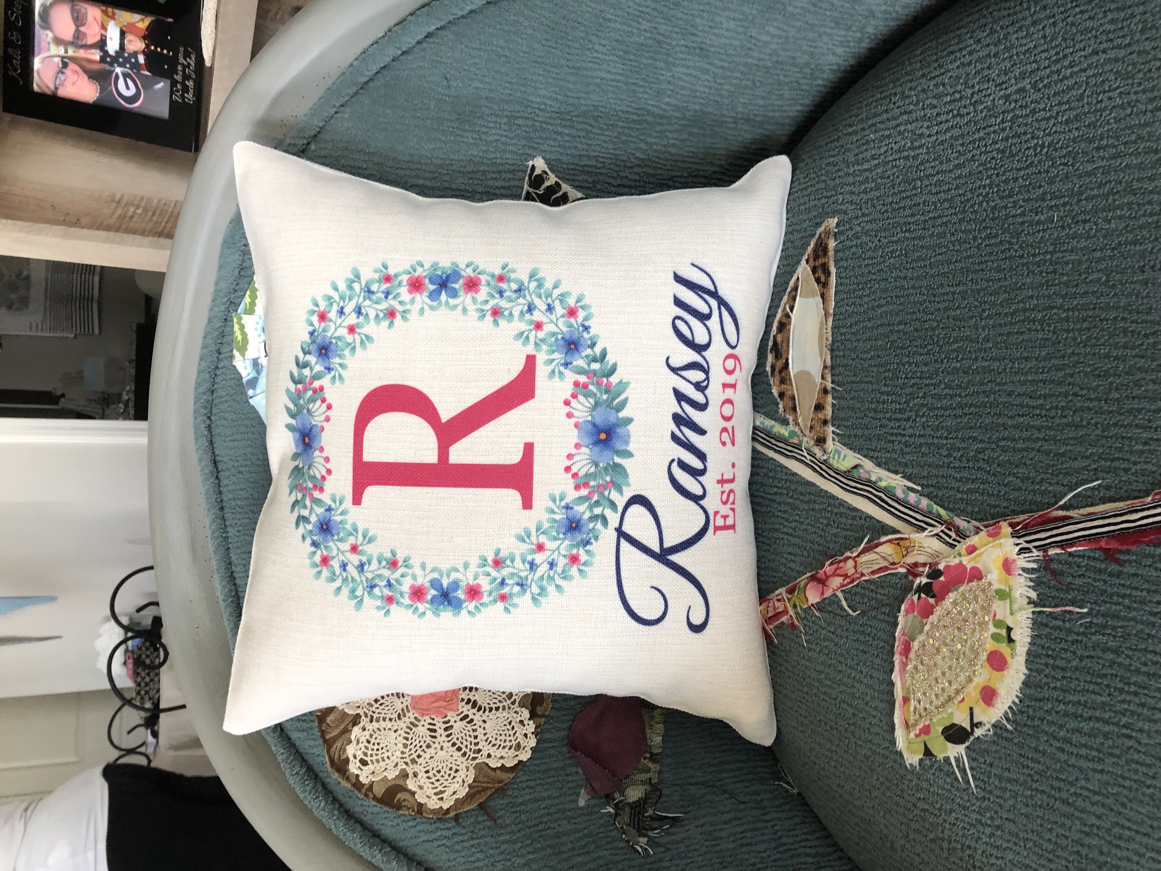 This linen pillow was created as a wedding gift for a happy couple. The pillow case subs beauti
