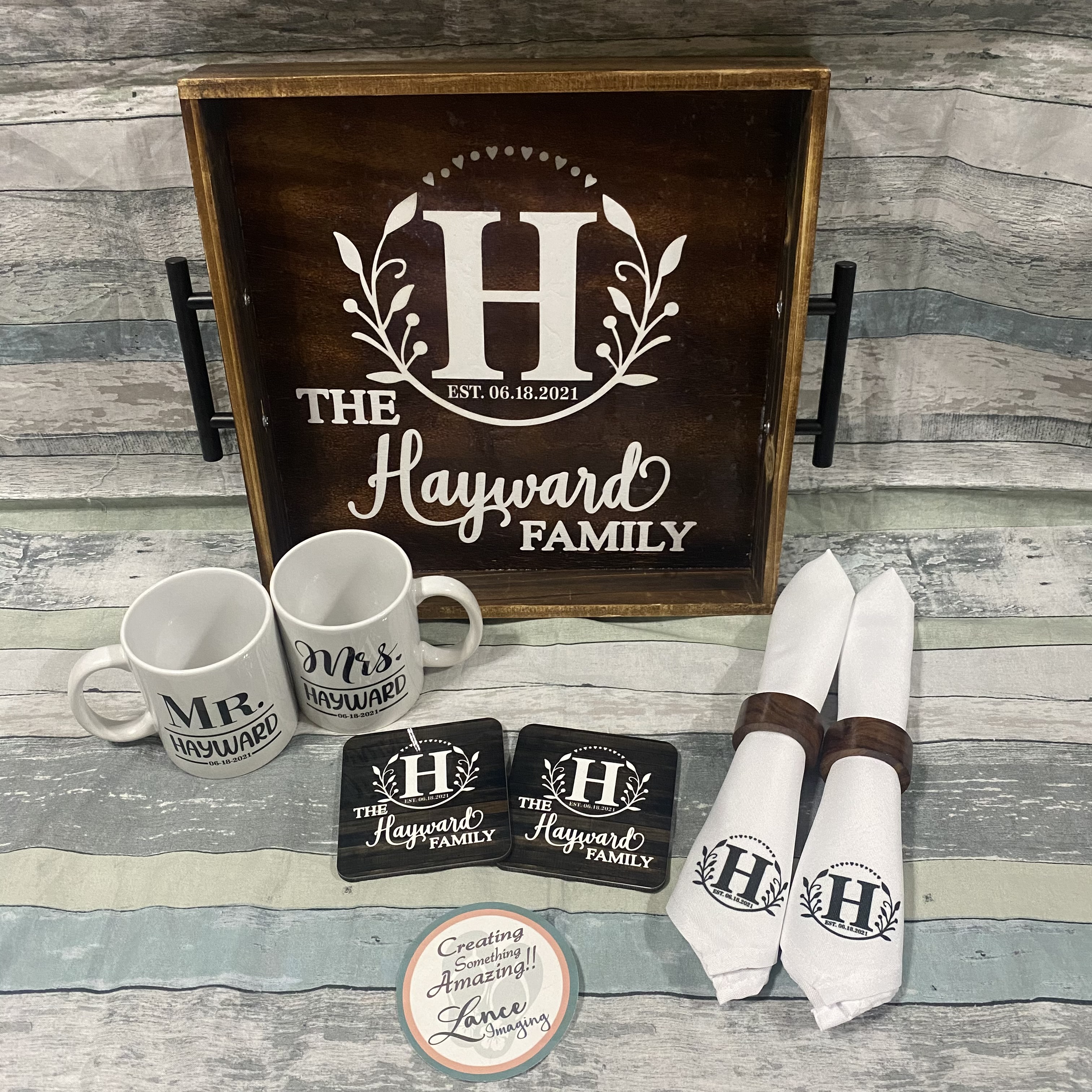 Carry tray with his and hers mugs, matching coasters and monogramed napkins