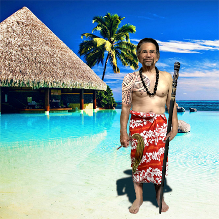 Composite photo of my Polynesian spouse in Samoan Chief's attire, positioned  in the South Paci