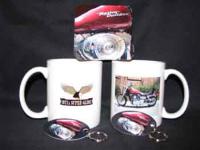 Motorcycle Mugs with matching coaster set and key tags using customer photo