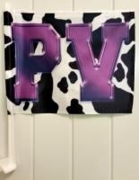 A car flag in purple and cow print, in honor of my alma mater's homecoming--the University of M