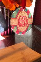 Round  Colorlyte acrylic ornament with argyle background, gold banner and Vine Monogram!