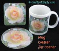 Mug set includes mug, coaster, and jar opener.  The quote about friendship on the reverse side 