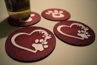 Heart PawPrint Coasters: red gradient/wood background with white foreground images