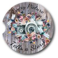 Car coaster with camera, dragonflies and quote.