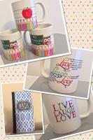 weekend projects: mugs for teacher gifts, fundraiser live, laugh, love mugs and malaga phone ca