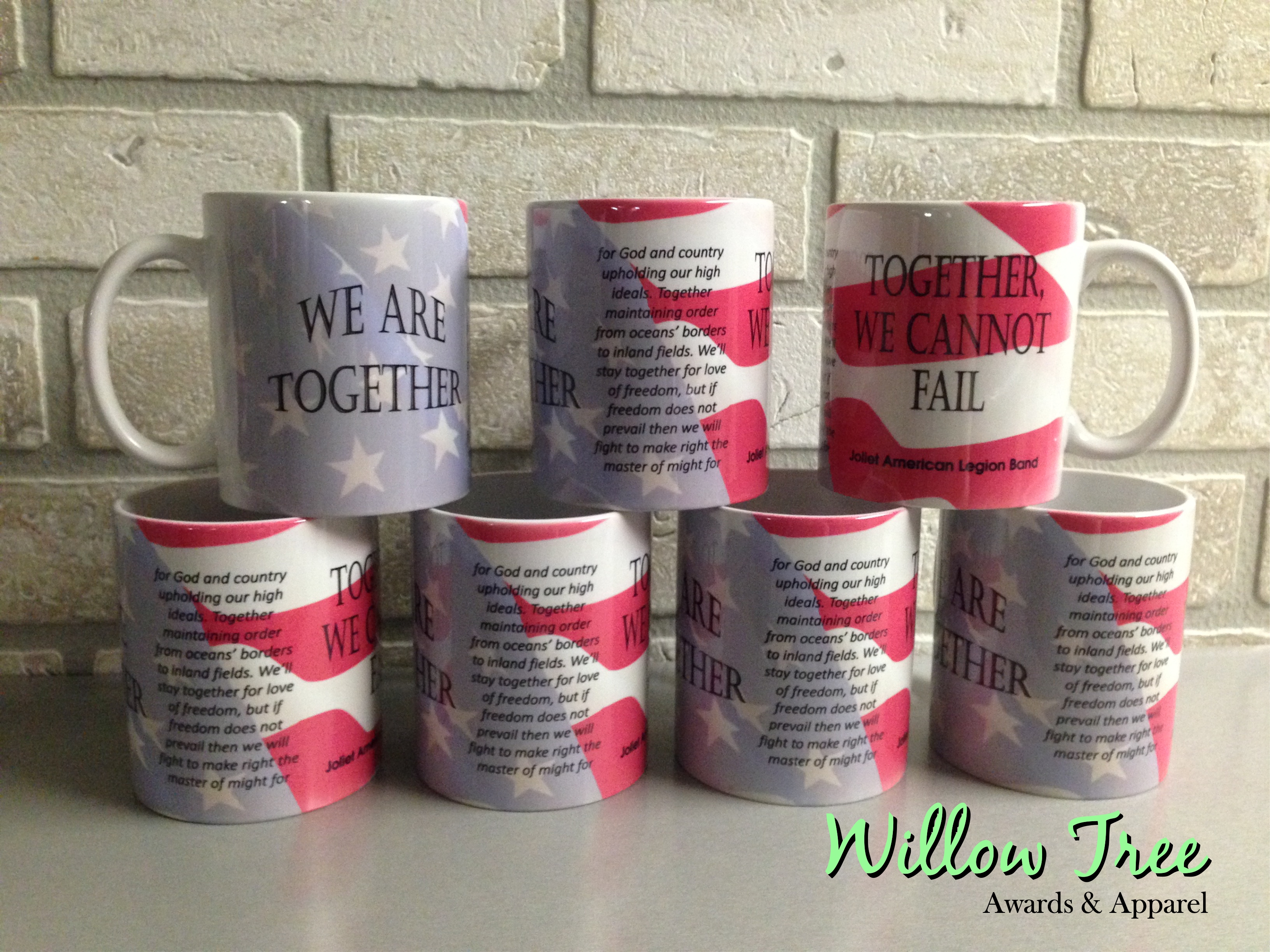 Fundraiser mugs with the preamble of the American Legion constitution in song lyrics.