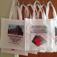 Church fundraiser tote bags to match mugs