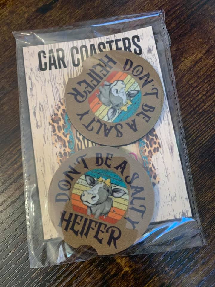 Don't Be A Salty Heifer Car Coaster Set made with sublimation printing