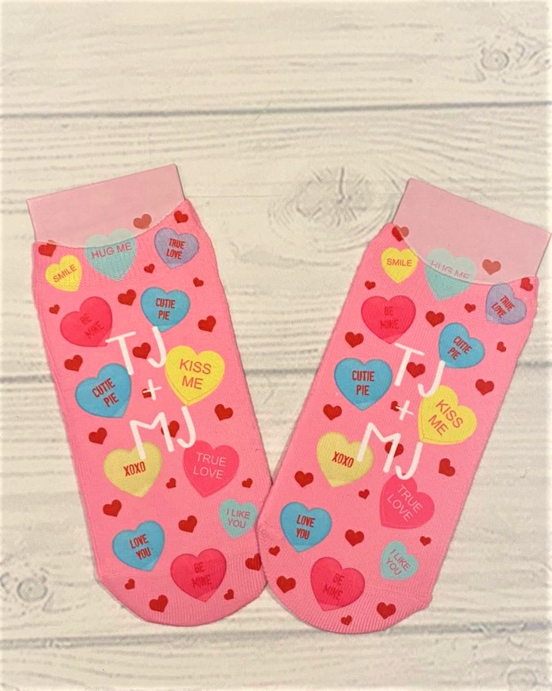 Candy Conversation Hearts custom no-show socks made with sublimation printing