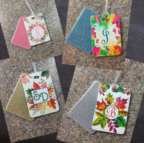 glitter luggage tags made with sublimation printing