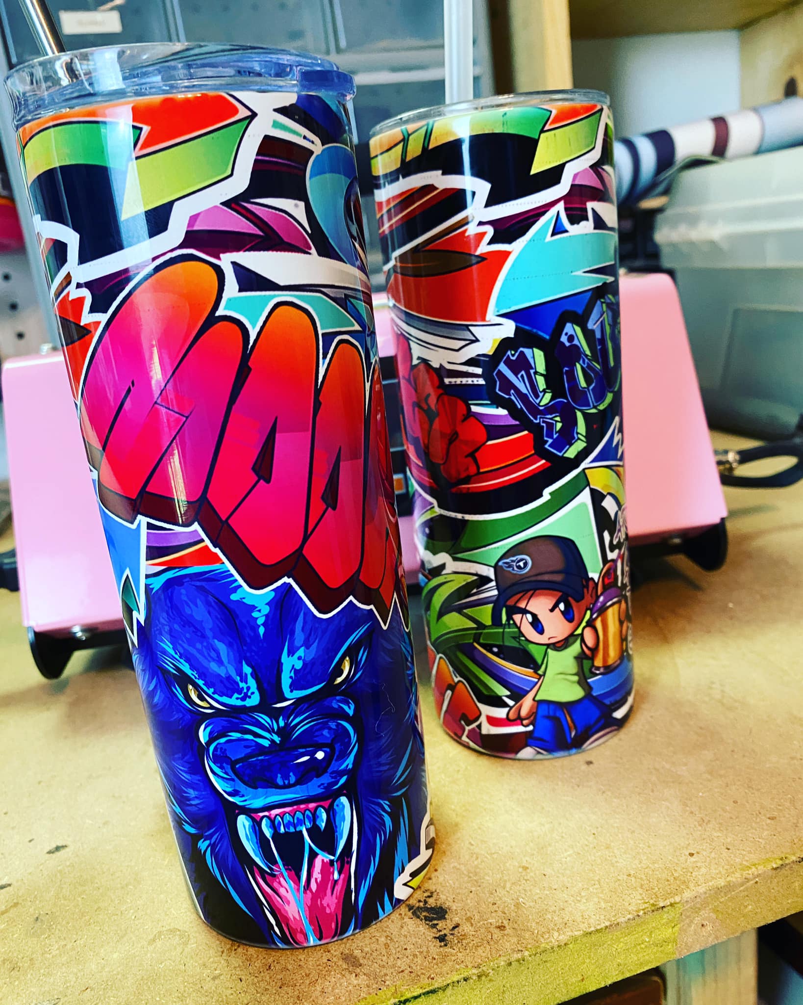 Completely custom graffiti style tumblers for me and my daughter made with sublimation printing