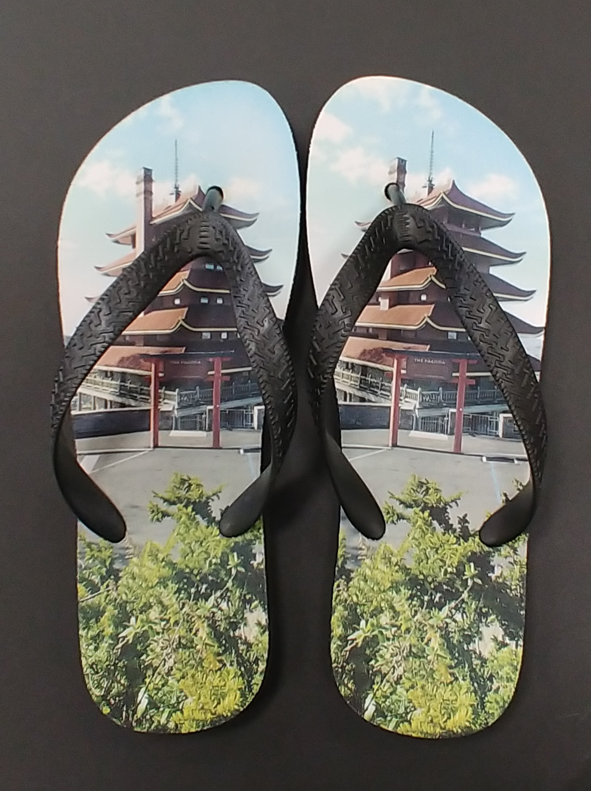 Reading Pagoda Flip Flops made with sublimation printing