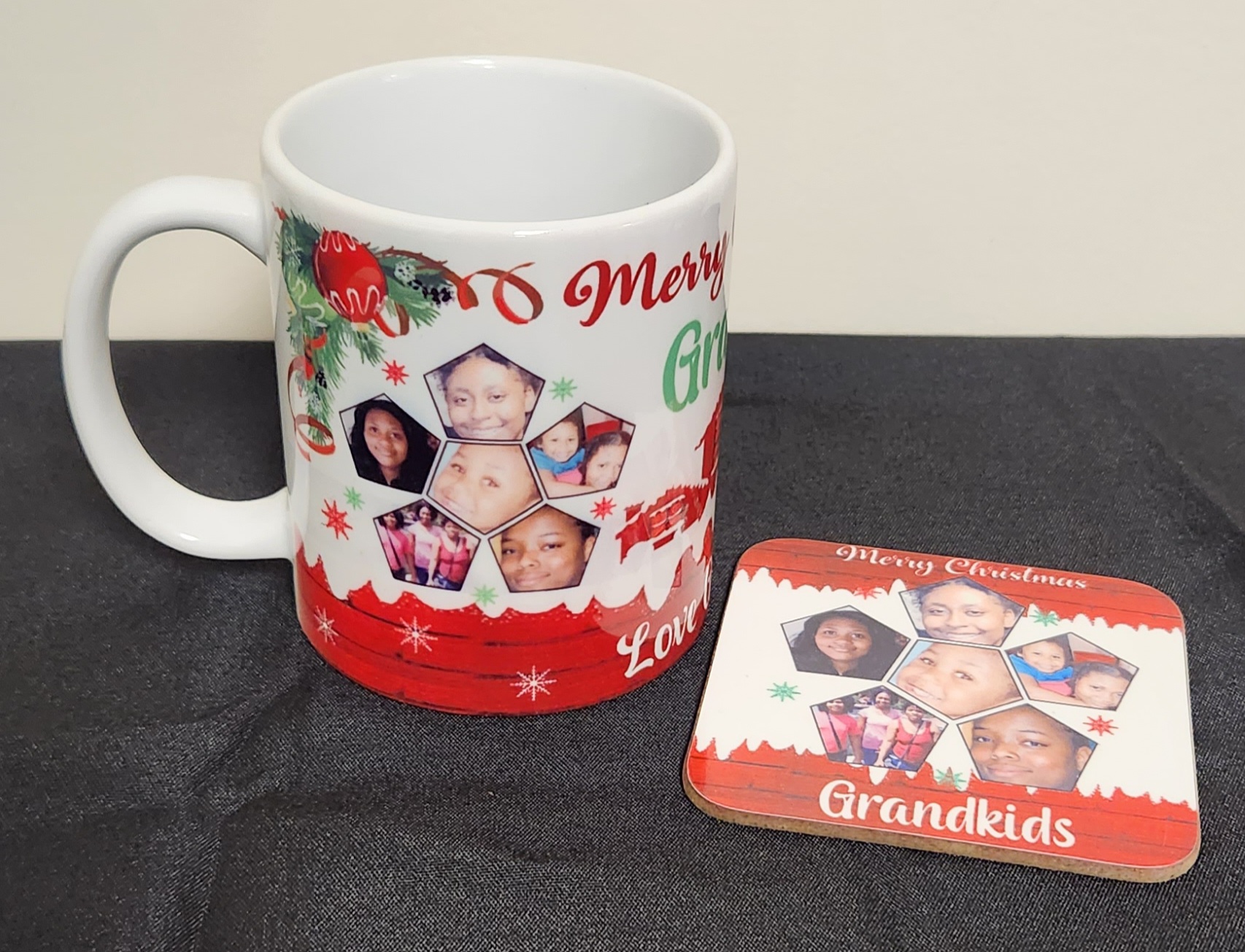 Personalized Christmas mug and matching coaster made with sublimation printing
