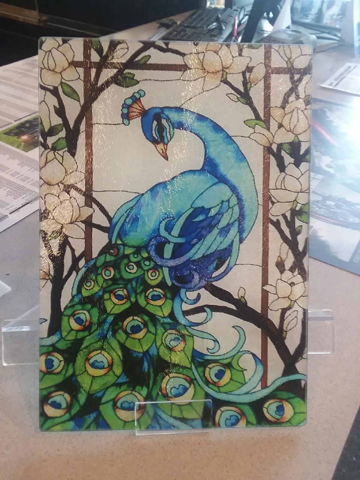 Peacock Glass Cutting Board Stained in a classic Victorian stained glass Style made with sublimation printing