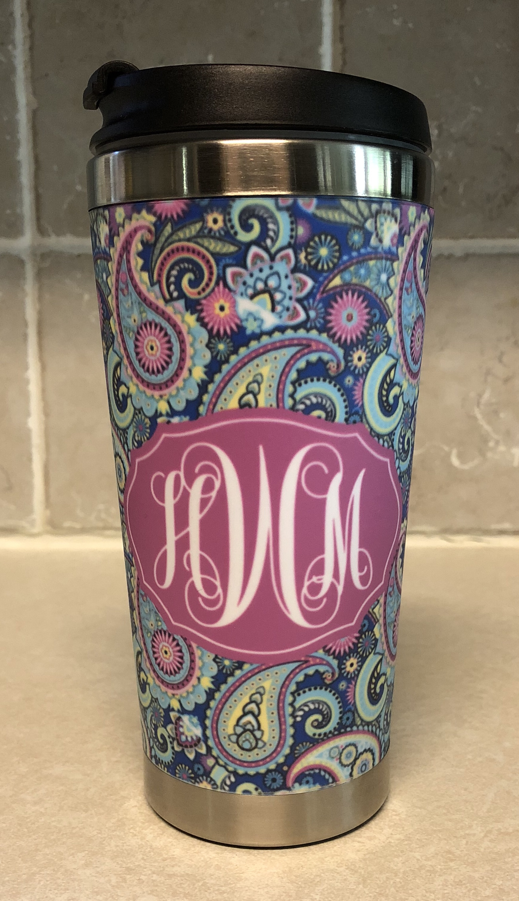 Monogram travel mug made with sublimation printing