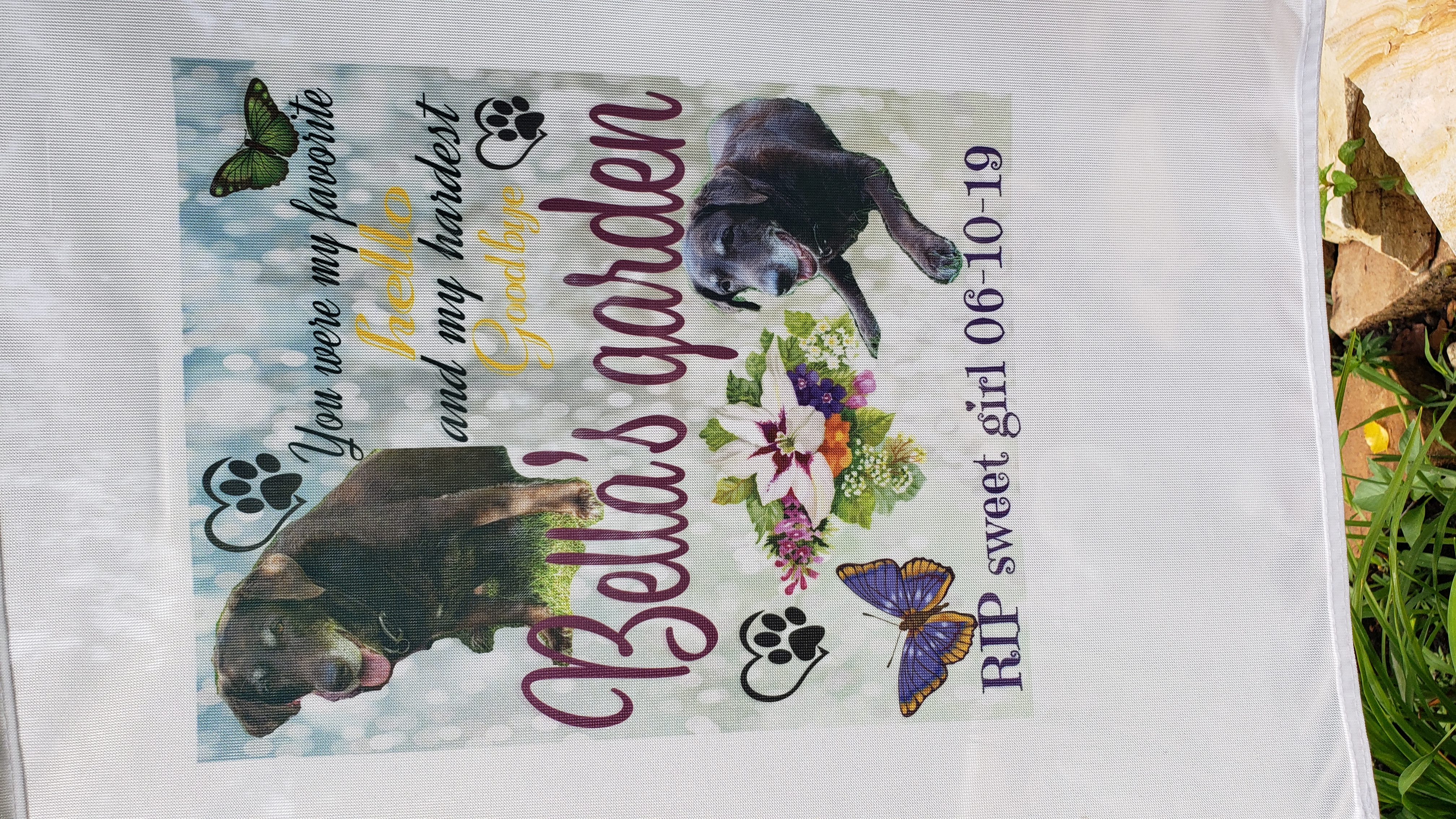 Well loved pup garden memorial flag made with sublimation printing
