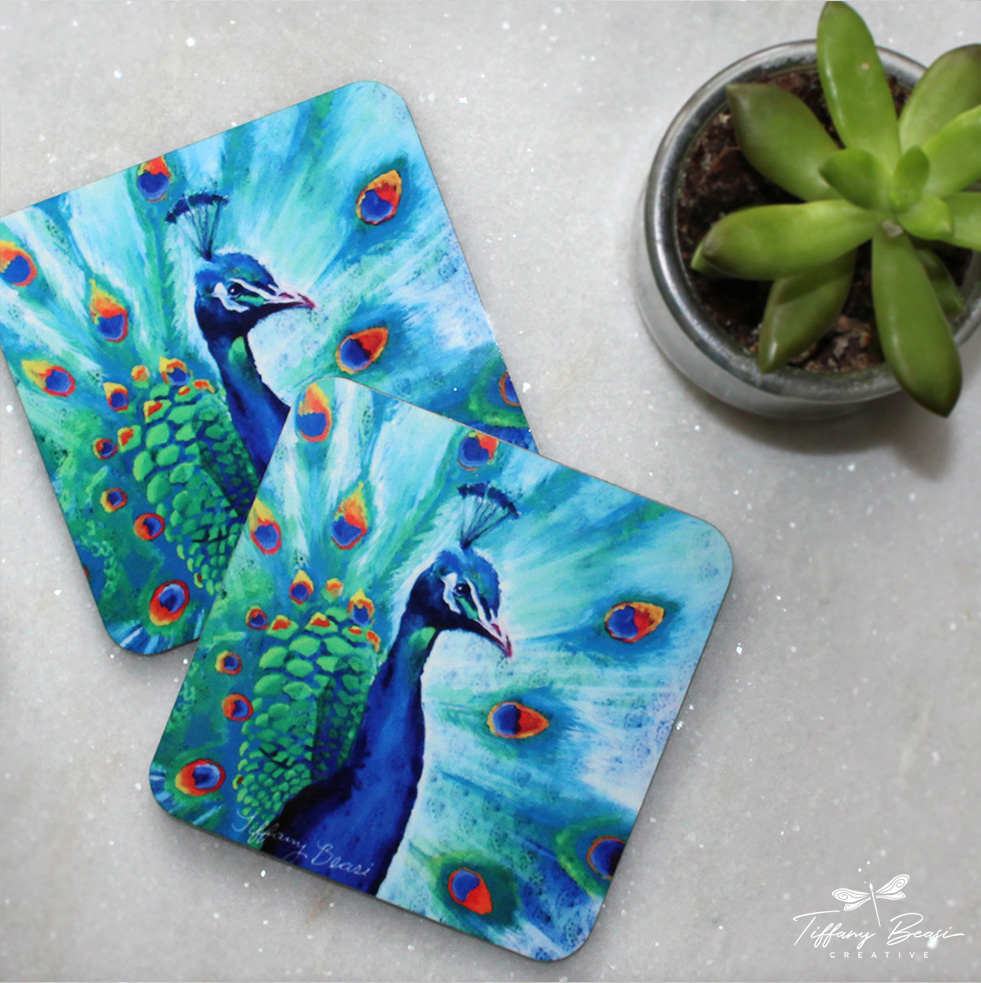 Peacock Coasters made with sublimation printing