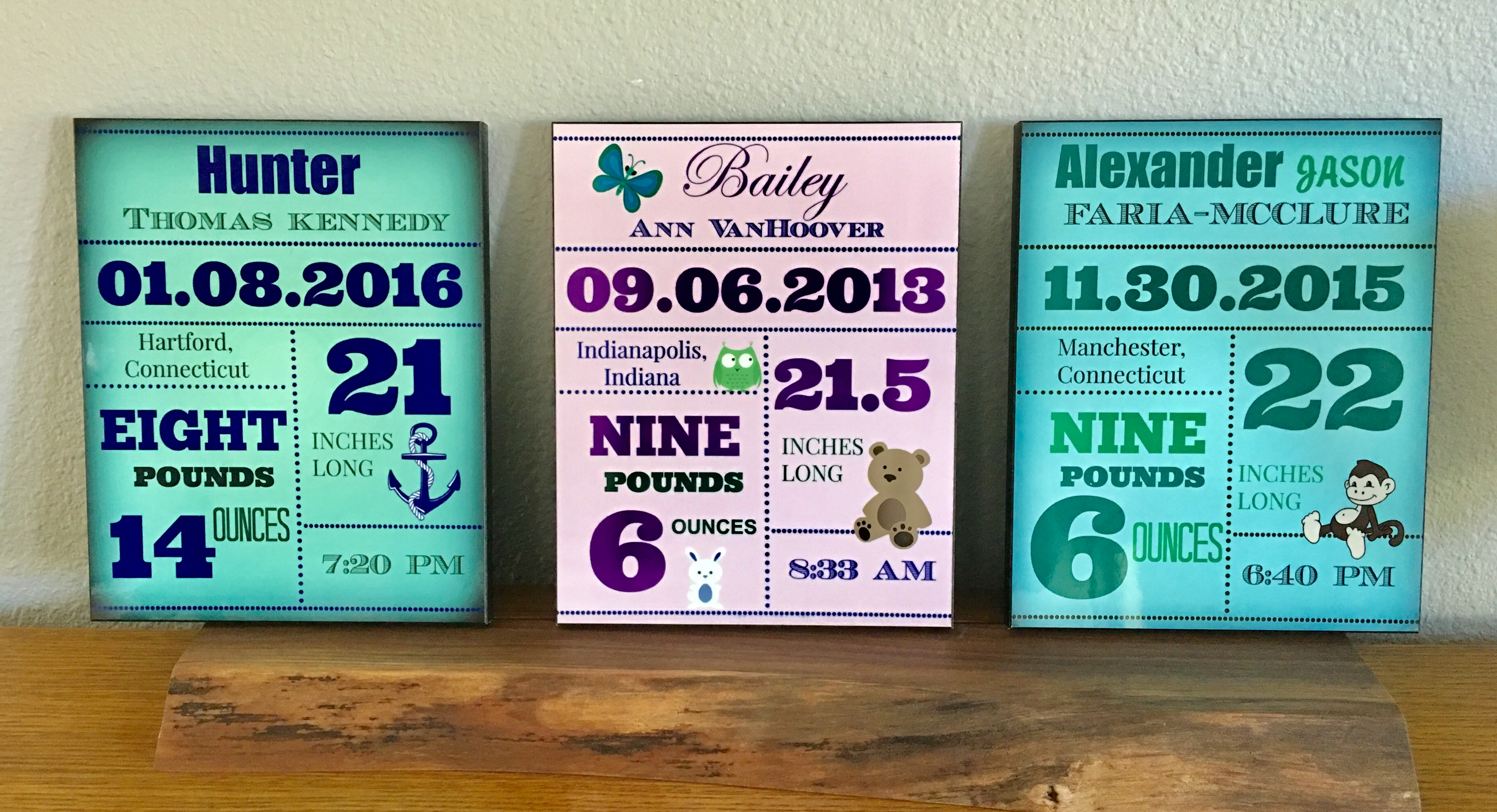 Baby Announcement Panels made with sublimation printing
