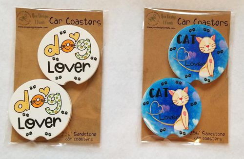 Dog and cat sandstone car coasters made with sublimation printing
