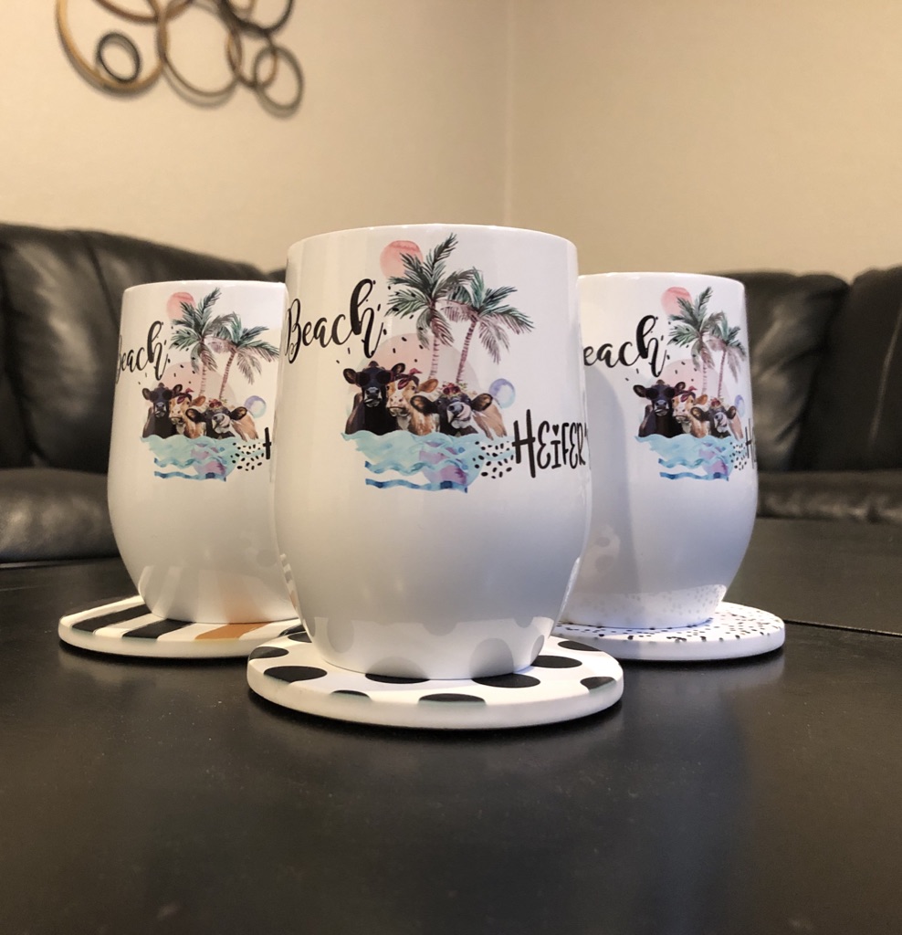 Beach Heifers Stemless Wine Tumbler made with sublimation printing