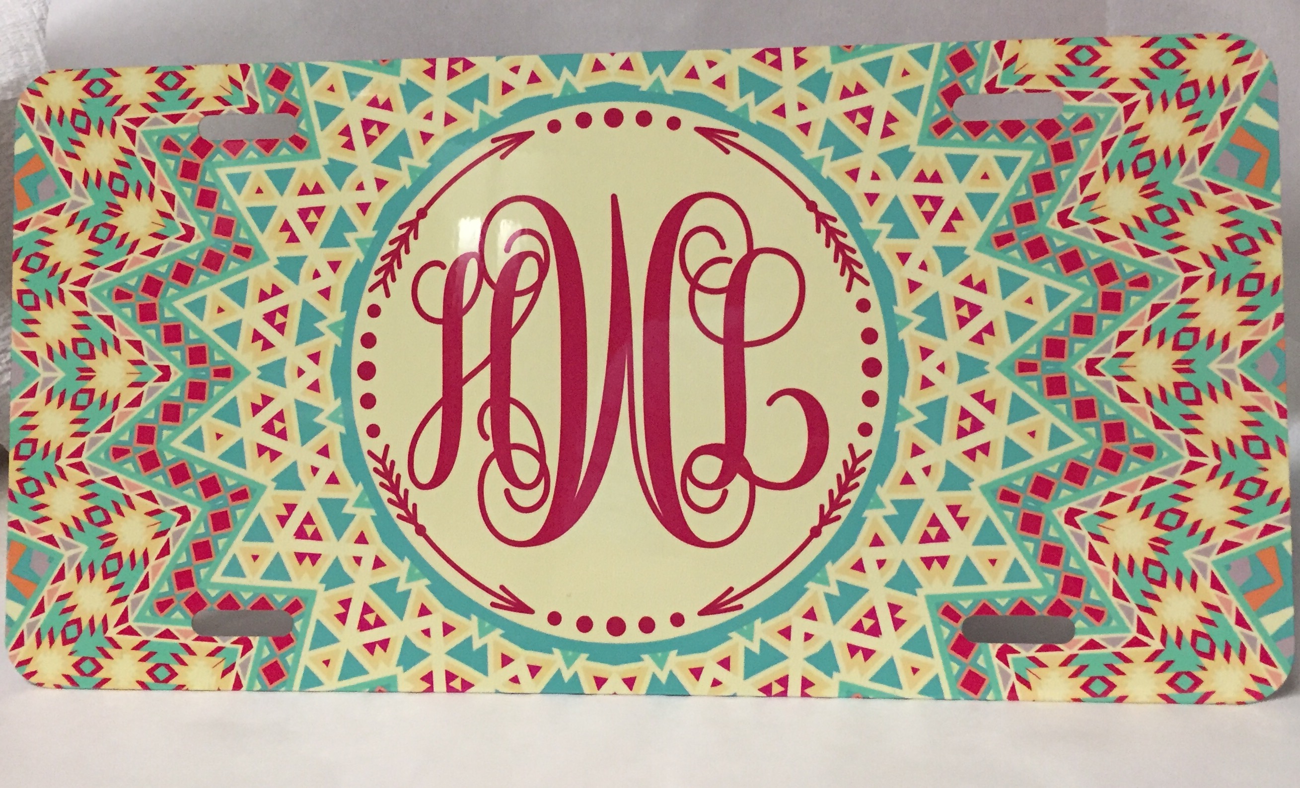 Aztec Monogram License Plate made with sublimation printing