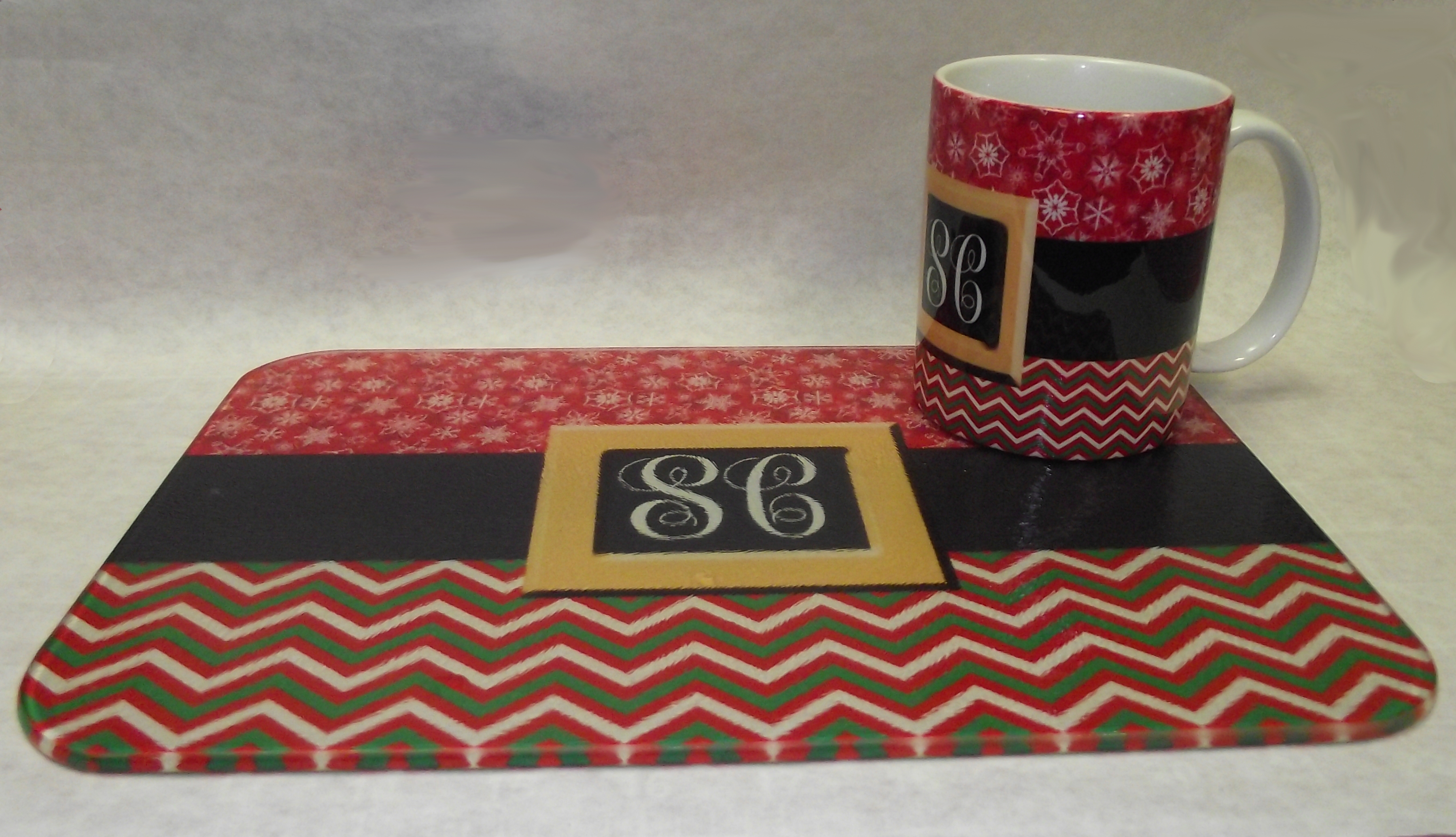 Monogram Santa Mug and cutting board made with sublimation printing