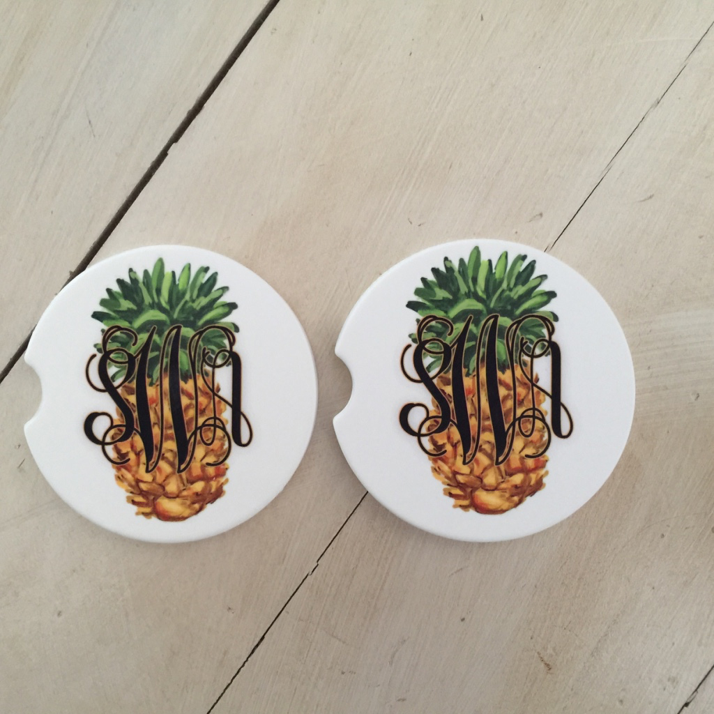 Pineapple Monogrammed Car Coasters made with sublimation printing