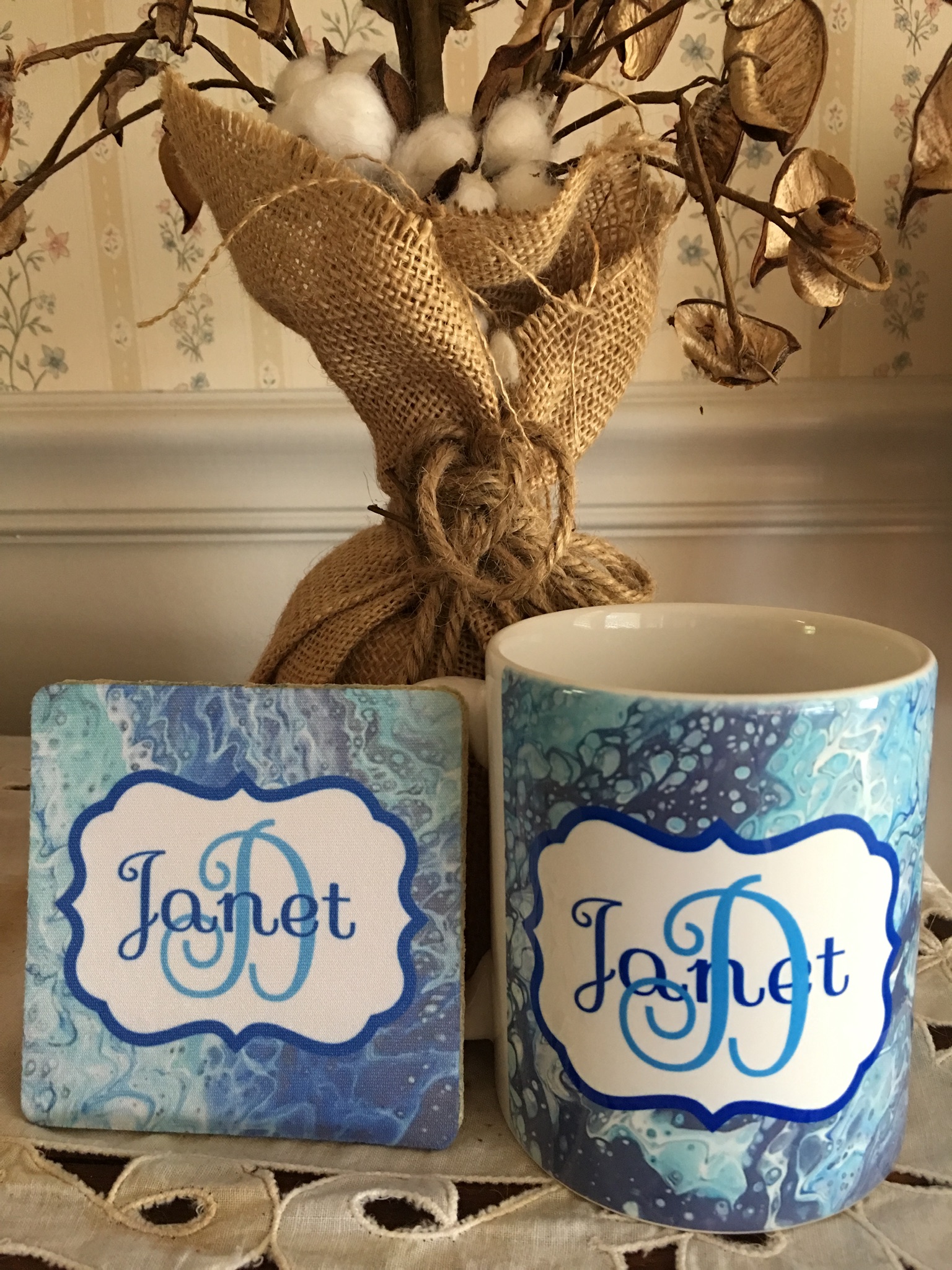 Acrylic Pour Mug & Coaster Set made with sublimation printing