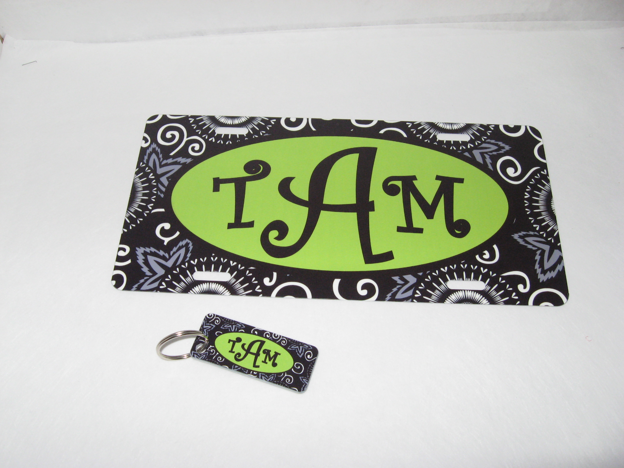 License plate and key fob made with sublimation printing