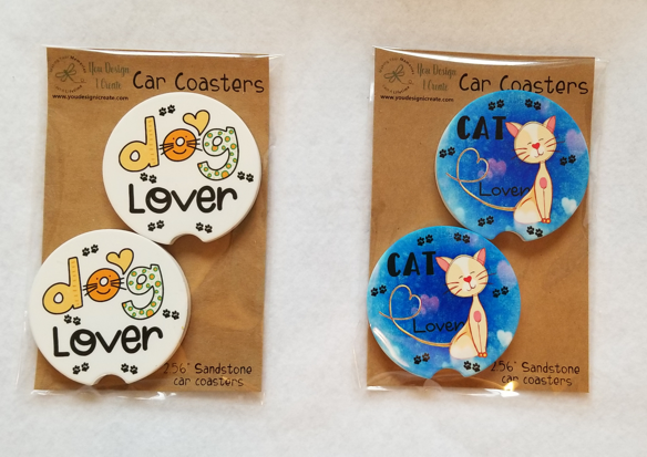 Dog and Cat lover car coasters (pet contest) made with sublimation printing