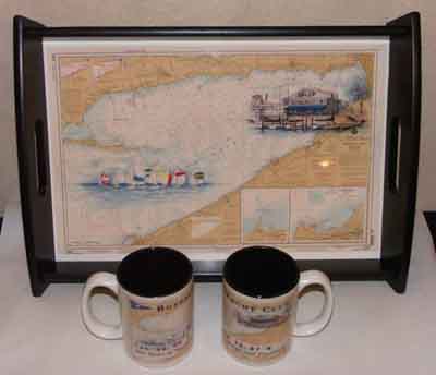 WatercolorPainting On Nautical Chart on Serving tray and ceramic mugs made with sublimation printing