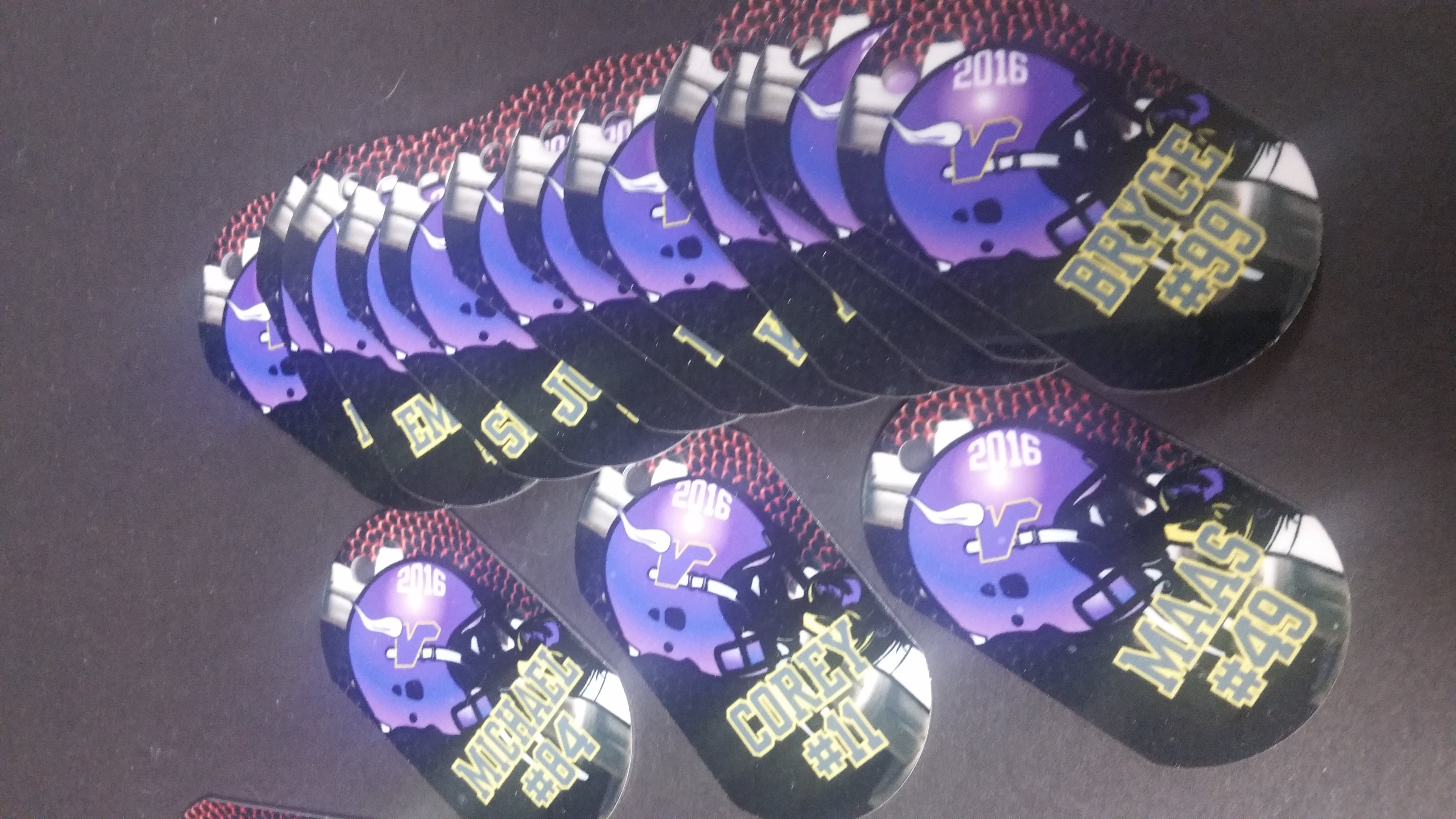 Football Dog Tags made with sublimation printing