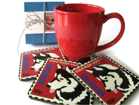 Husky Postage Stamp Coasters made with sublimation printing