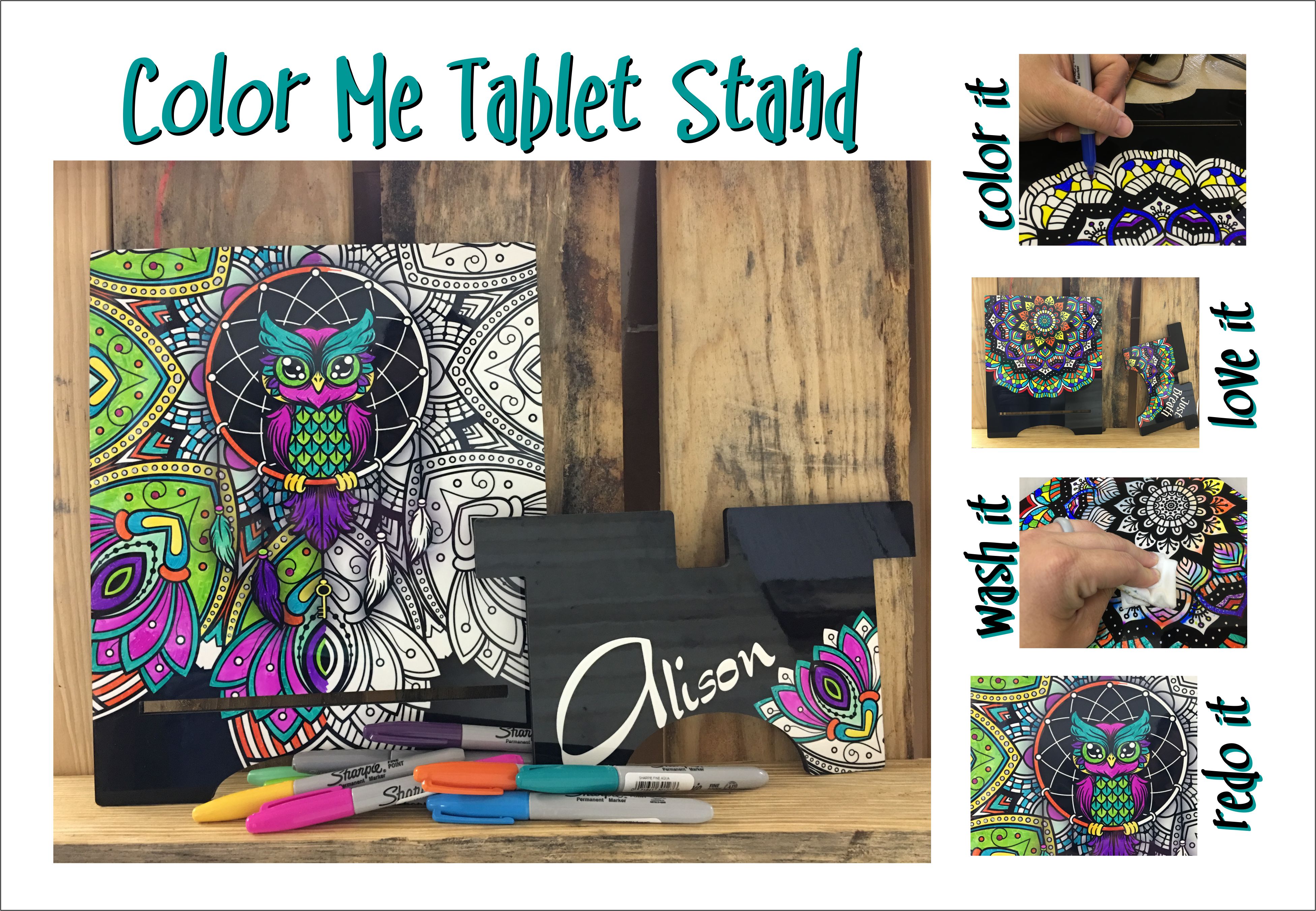 Color Me Tablet Stand made with sublimation printing