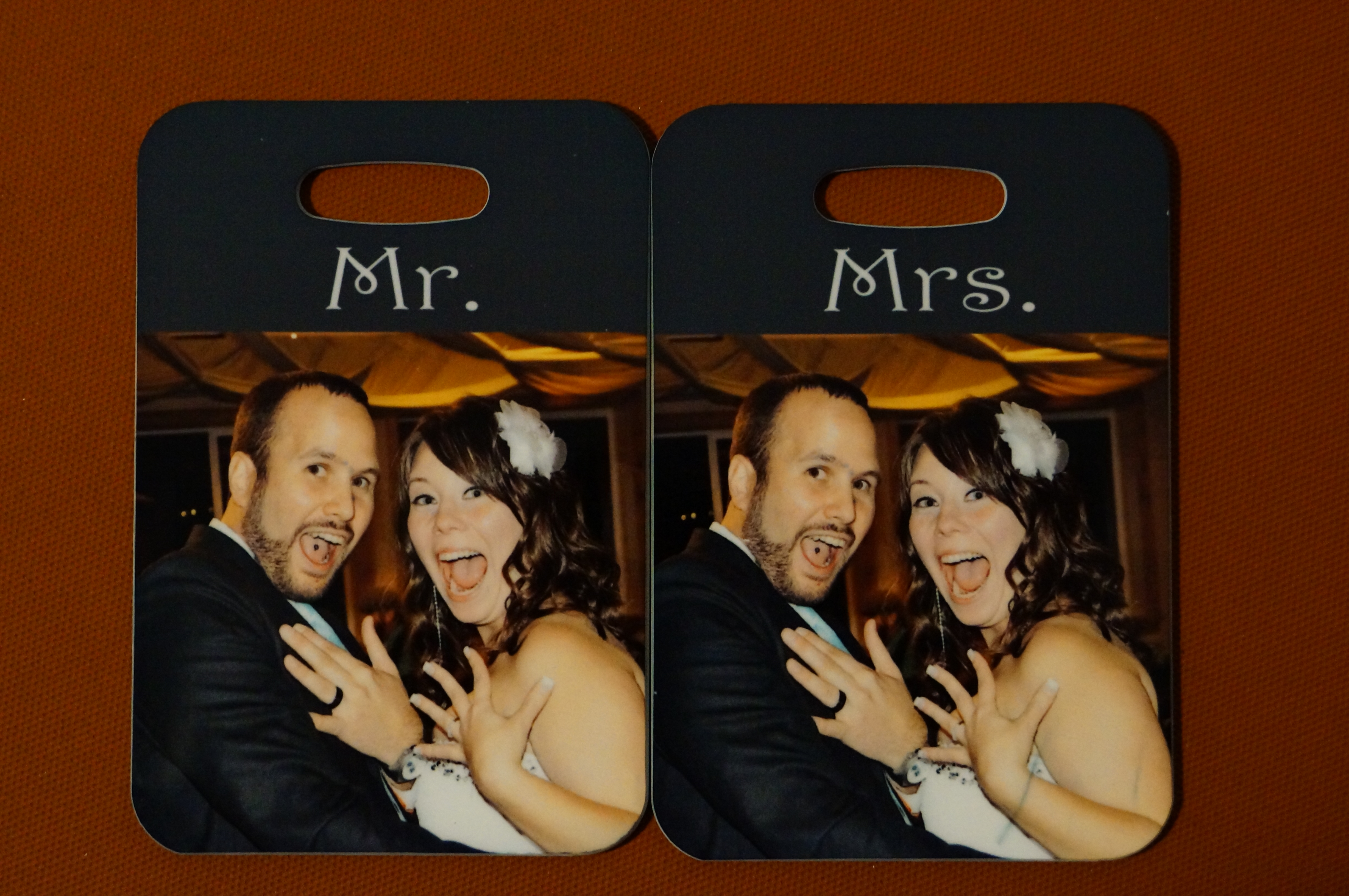 Wedding luggage tags made with sublimation printing
