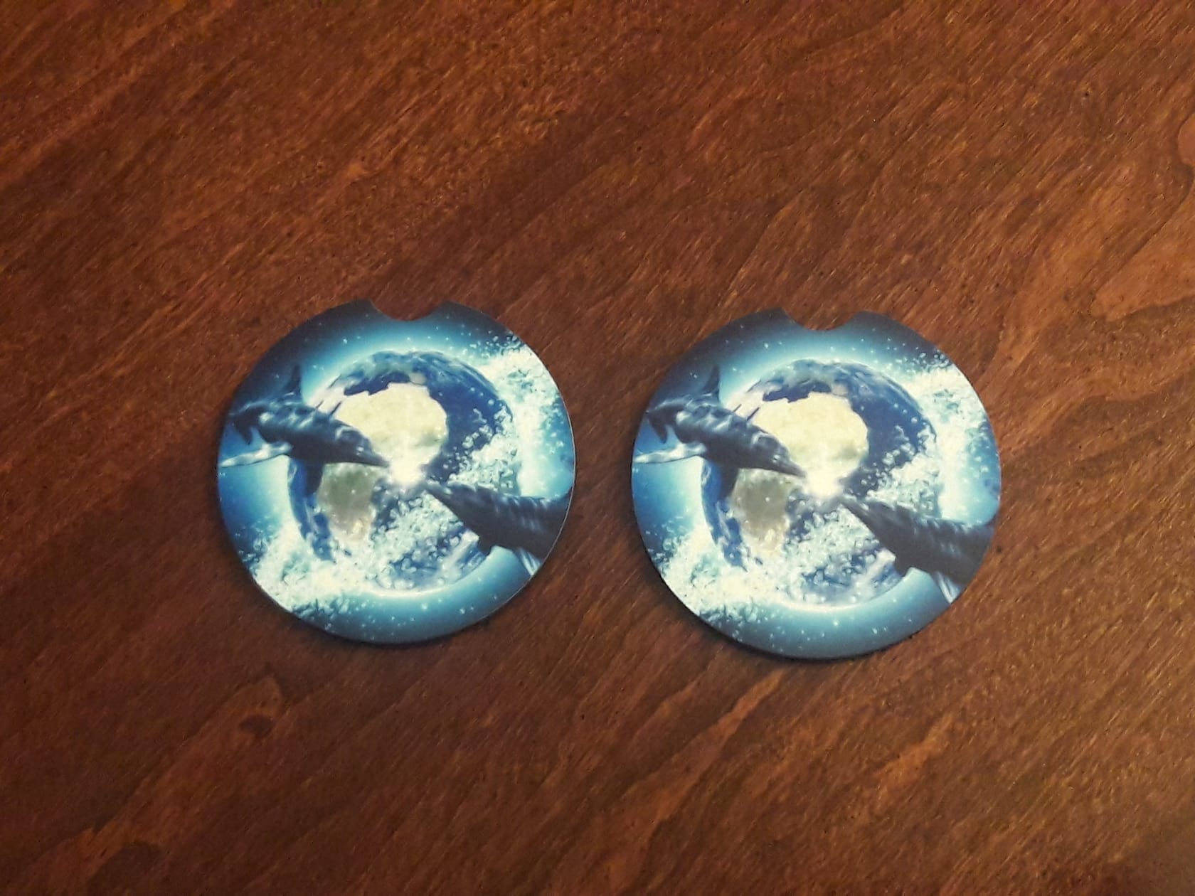 Earth Dolphin Car Coasters made with sublimation printing